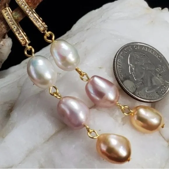 Gold Plated Genuine Freshwater Pearl Earrings with White Topaz Stones - Picture 4 of 7